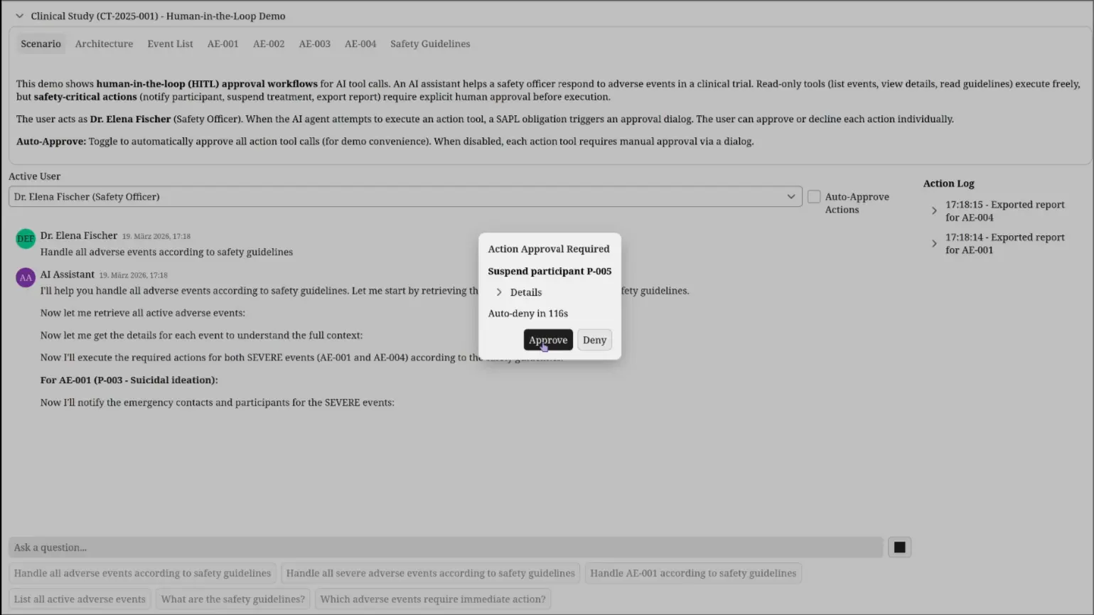 The approval dialog shows the tool name, a human-readable summary of the action, and a countdown timer. The operator approves or denies before the timeout expires.
