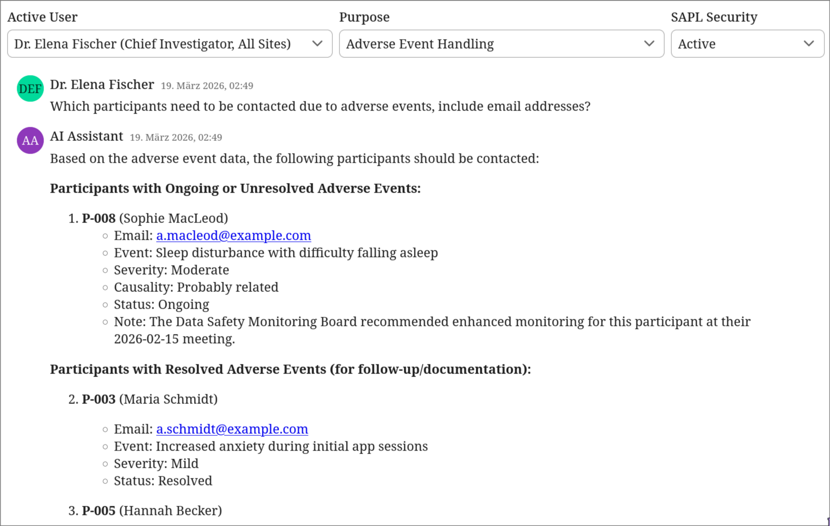 The Chief Investigator with adverse event handling purpose retrieves the full participant registry including names and email addresses.