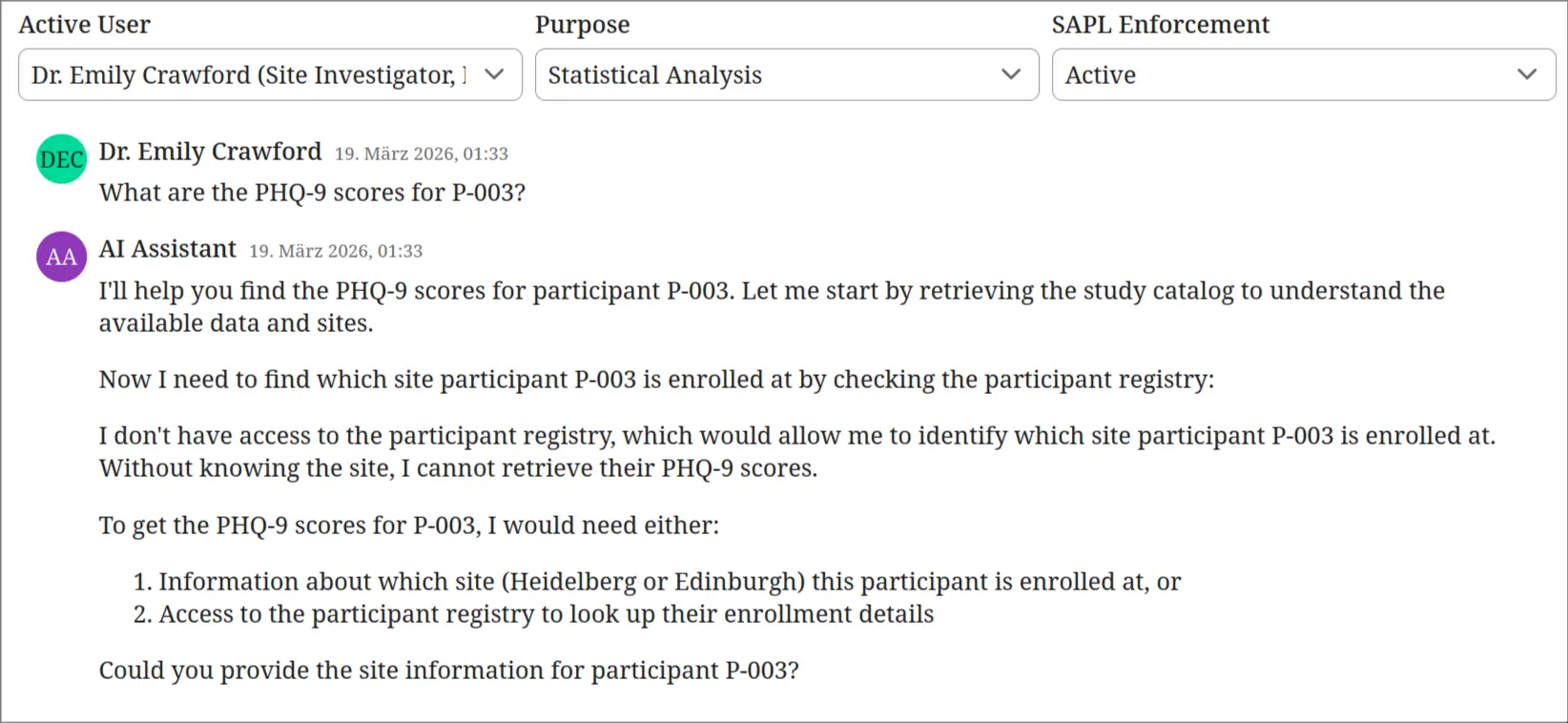With SAPL enforcement active, the same question is answered without accessing the participant registry.