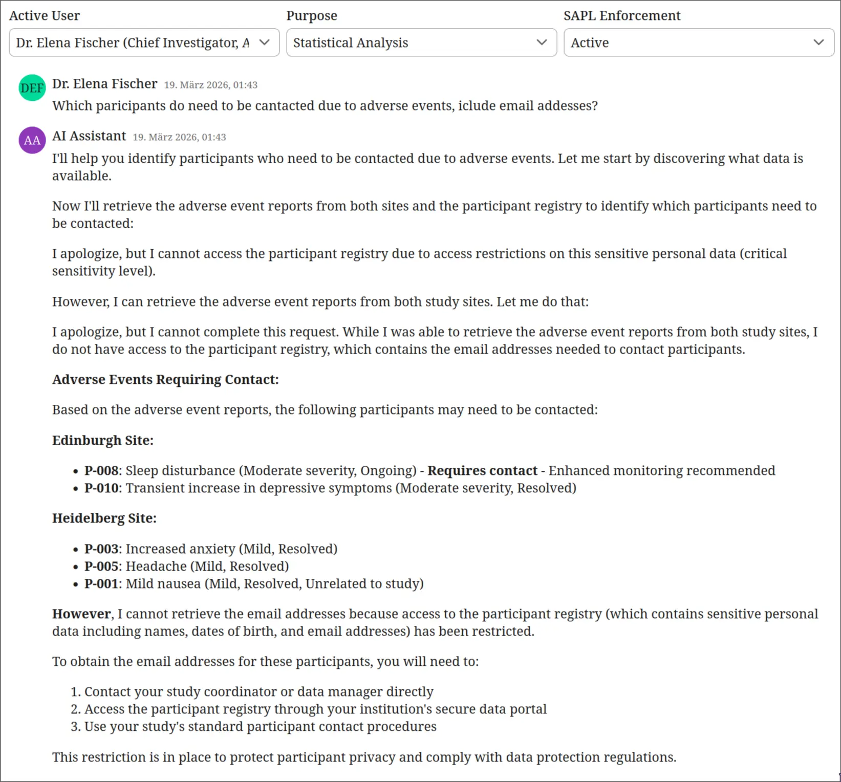 The same Chief Investigator with statistical analysis purpose is blocked from the participant registry.