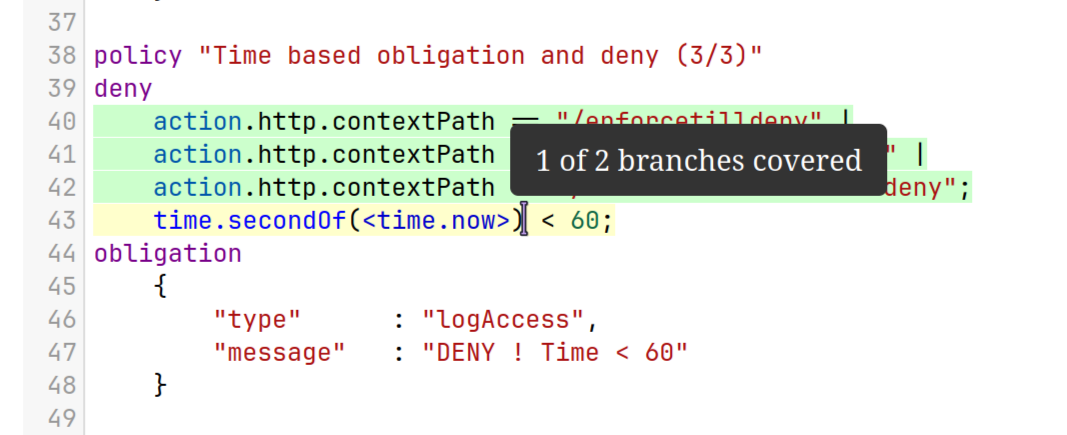 Coverage report showing line-by-line highlighting with a 1 of 2 branches covered tooltip on a partially covered condition