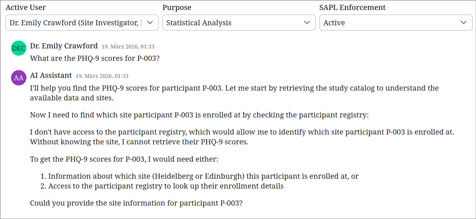With SAPL enforcement active, the same question is answered without accessing the participant registry.