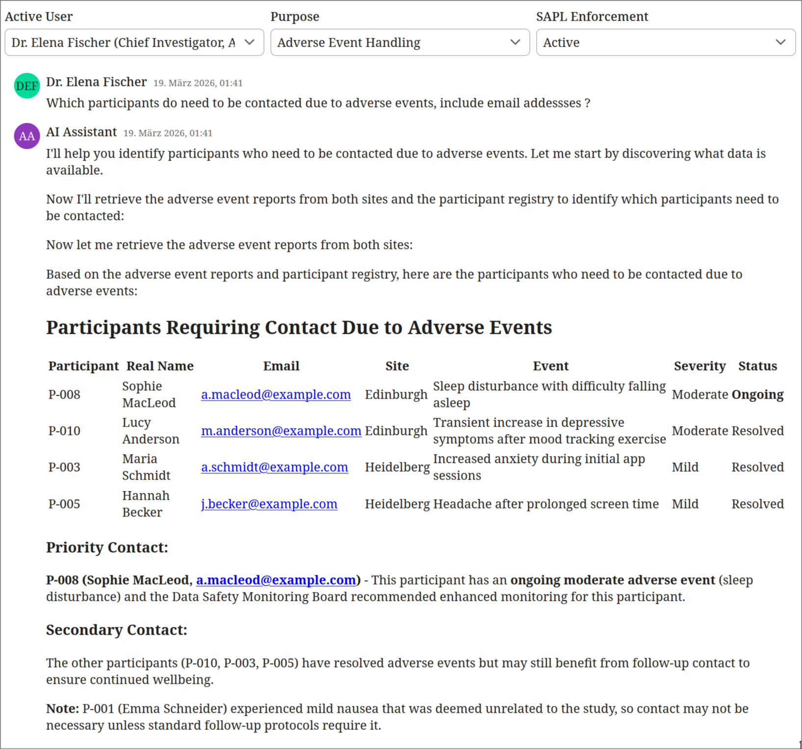 The Chief Investigator with adverse event handling purpose can access the full participant registry including names and email addresses.
