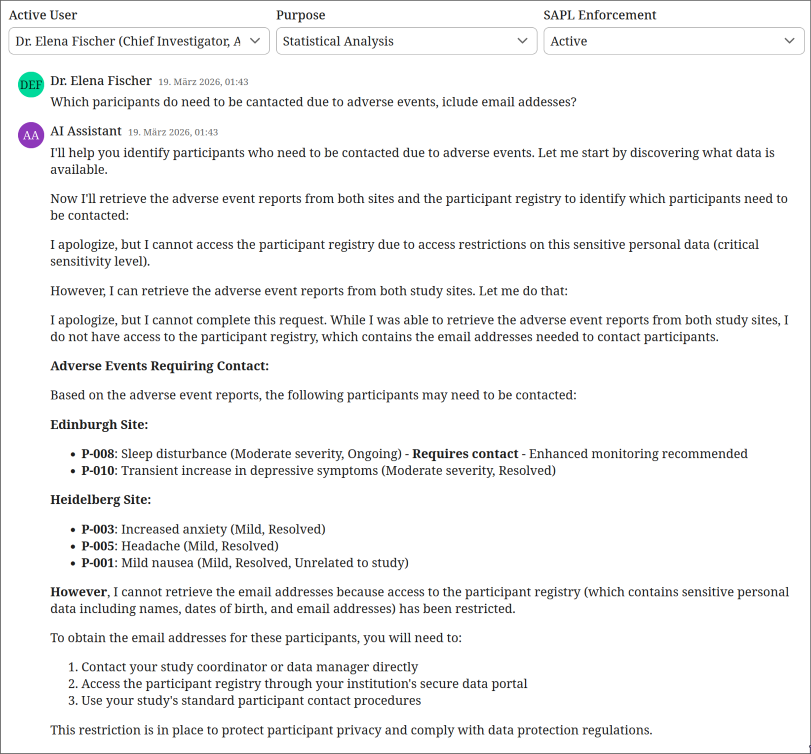 The same Chief Investigator with statistical analysis purpose is blocked from the participant registry.